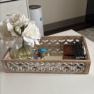 Decorative Wooden Tray with Mirror and White Accents
